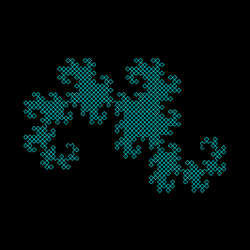 I drew a Heighway dragon curve, which replaces each segment with a right angle and rotates 45 degrees to the left and right, alternatively. I started from Wikipedia's list of fractals. I thought the boundary of the dragon curve looked neat, so I referenced the Wikipedia page to figure out the math behind the rotation and translation. I spent some time playing around with methods that input/output arrays, too. Finally, I doubled the command line argument and changed the colors to make things prettier.