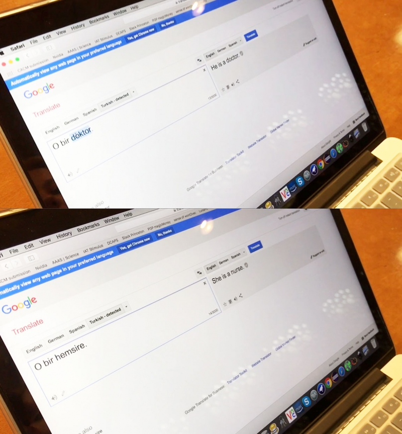 Photo of two computers showing the bias in translating gender neutral pronouns to English.