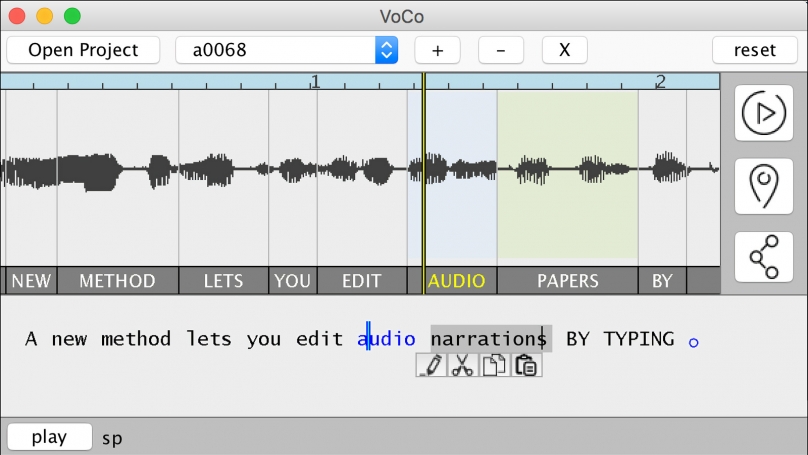 Screenshot of the VoCo audio editing system