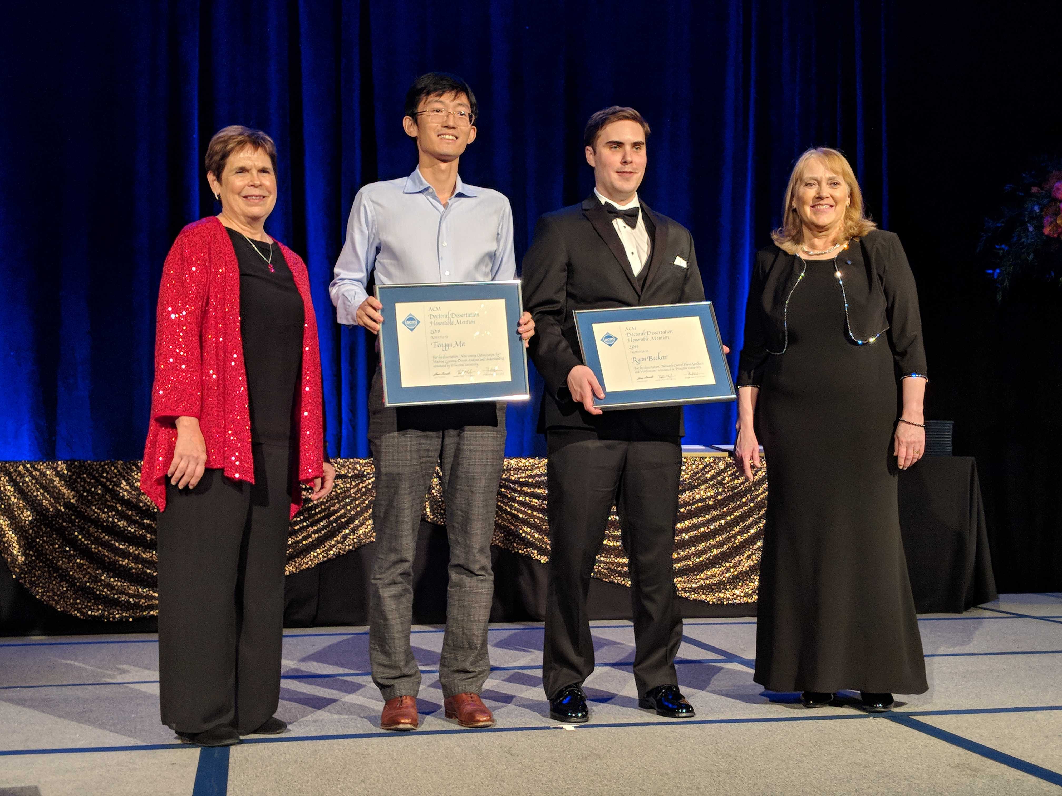 Tengyu Ma and Ryan Beckett accept Honorable Mentions for ACM's Doctoral Dissertation Award for Outstanding Ph.D. Thesis at the awards banquet.