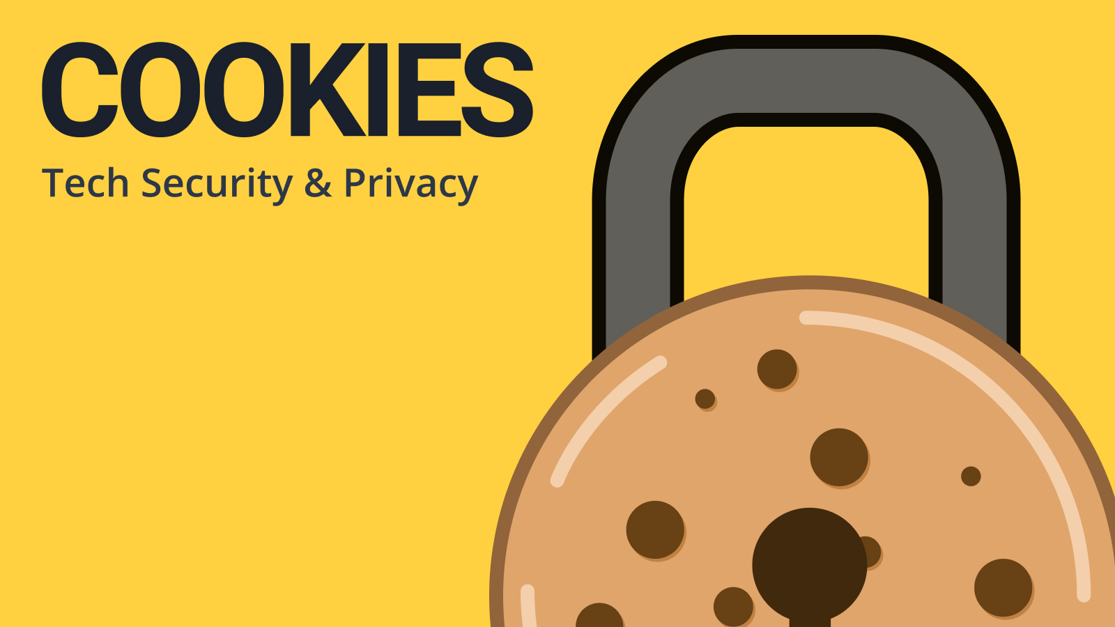 Simple illustration of a chocolate chip cookie with a metal padlock top and keyhole.  The text next to the cookie padlock reads "Cookies, tech security and policy".