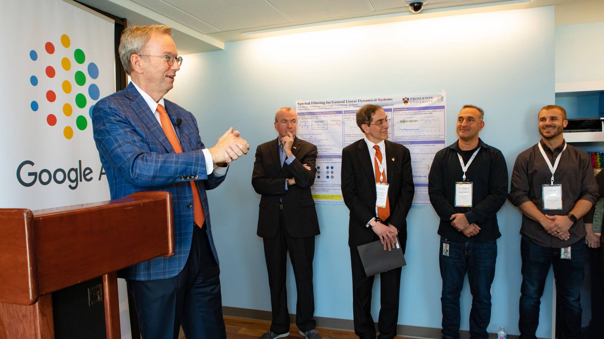 Former Google chairman and executive CEO Eric Schmidt, a Princeton alumnus, speaks at the formal launch of the Google AI Princeton lab on May 2, while New Jersey Gov. Phil Murphy, President Christopher L. Eisgruber, Professor of Computer Science Elad Haza