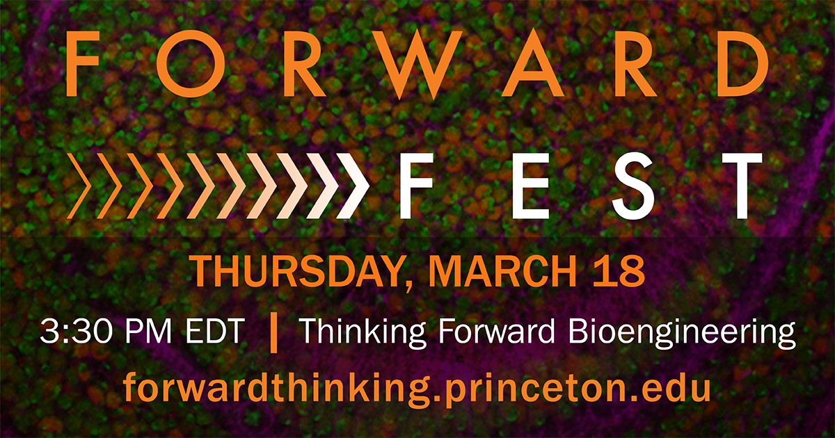 Forward Fest event graphic with an image from a microscope behind text that lists the date, time, and website.