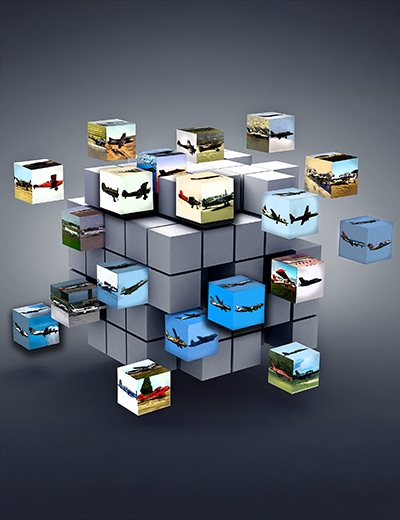 A cube adorned with multiple images of airplane, presenting a variety of themes and colors on its different faces.