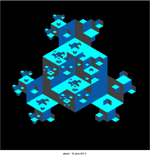 I was inspired by both the Menger Sponge and the AOPS logo. I wanted to create something that looked 3D, so I played with different colorings of hexagons to create the illusion of cubes. After figuring out the method for creating the cubes, I used mutual recursion as well as branches that had a different number of recursive calls per level to extrude and hollow out the corners of each cube. The end result was a cool pattern of differently oriented cubes.