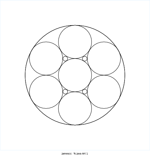 For inspiration, I looked up circle fractal patterns on Google and came across this one: http://qipeace.com/images/CirclesFractalGravity.png. I tried to emulate it to the best of my ability at first, but near the end I decided to slightly revise it since I wasn't able to figure out certain patterns. My design is basically a circle frame, with smaller circles arranged in a circular pattern within the original outline, and the program recursively draws the same circle arrangement within each circle.