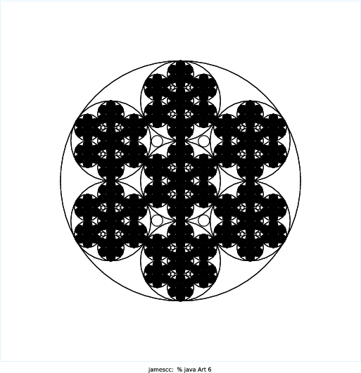 For inspiration, I looked up circle fractal patterns on Google and came across this one: http://qipeace.com/images/CirclesFractalGravity.png. I tried to emulate it to the best of my ability at first, but near the end I decided to slightly revise it since I wasn't able to figure out certain patterns. My design is basically a circle frame, with smaller circles arranged in a circular pattern within the original outline, and the program recursively draws the same circle arrangement within each circle.