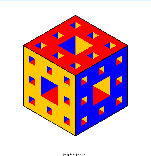 I created a 2D visualization of a Menger Sponge.  The Menger Sponge beings as a cube with side length, s.  Then it is split up into 27 cubes each with side length s/3.  The 'middle' cubes are removed, a total of 7 (one on each face and the center one) of them.  The process is then repeated on the remaining 20 cubes, each being split into 27 cubes with side length s/9, etc.  After infinite steps, the cube has zero volume but infinite surface area, which is a cool property.  I used a basic 2D projection of the cube, which complicated the calculations but was enjoyably challenging.  There are two methods, one which produces the fractal on the top face, and the second which deals with the left and right faces (which are y-axis symmetrical).  Each call to the 'face' methods has 8 recursive calls within.