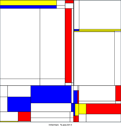 My program models de Stijl artist Piet Mondrian’s famous artworks.  I used a recursive program that selects a random point at which to fracture the previous, larger rectangle into 4 smaller rectangles. I used another random function to fill in the rectangles with Mondrian’s famous color palette: bright red, yellow, and blue (while keeping white as the most likely option). Overall, I enjoyed the opportunity to mix abstract art with computer science.