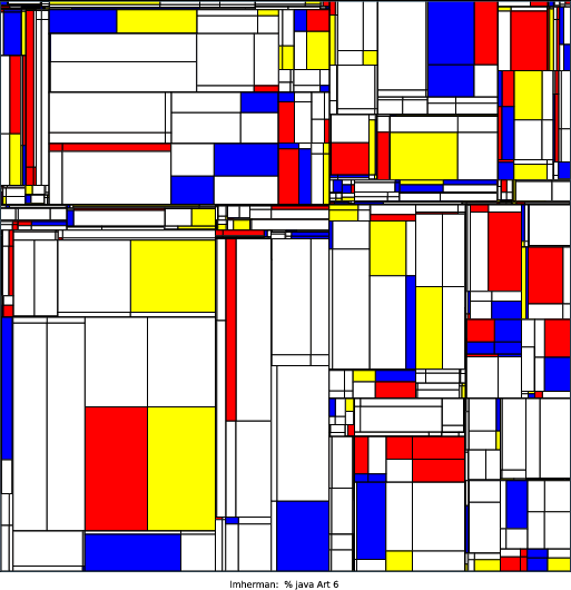 My program models de Stijl artist Piet Mondrian’s famous artworks.  I used a recursive program that selects a random point at which to fracture the previous, larger rectangle into 4 smaller rectangles. I used another random function to fill in the rectangles with Mondrian’s famous color palette: bright red, yellow, and blue (while keeping white as the most likely option). Overall, I enjoyed the opportunity to mix abstract art with computer science.