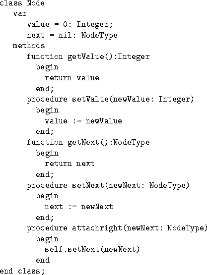 \begin{figure*}
\begin{verbatim}
class Node
 var
 value = 0: Integer;
 next = ni...
 ...deType)
 begin
 self.setNext(newNext)
 end
end class;\end{verbatim}\end{figure*}