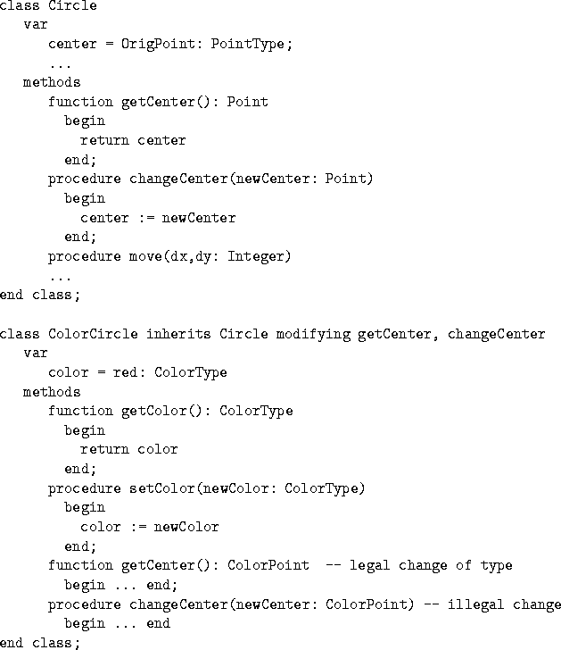 \begin{figure*}
\begin{verbatim}
class Circle
 var
 center = OrigPoint: PointTyp...
 ... -- illegal change of type 
 begin ... end
end class;\end{verbatim}\end{figure*}