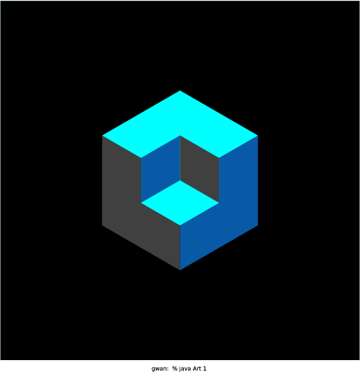 I was inspired by both the Menger Sponge and the AOPS logo. I wanted to create something that looked 3D, so I played with different colorings of hexagons to create the illusion of cubes. After figuring out the method for creating the cubes, I used mutual recursion as well as branches that had a different number of recursive calls per level to extrude and hollow out the corners of each cube. The end result was a cool pattern of differently oriented cubes.