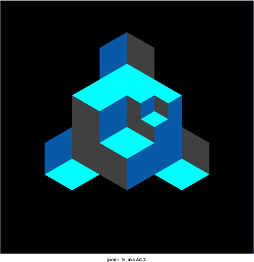I was inspired by both the Menger Sponge and the AOPS logo. I wanted to create something that looked 3D, so I played with different colorings of hexagons to create the illusion of cubes. After figuring out the method for creating the cubes, I used mutual recursion as well as branches that had a different number of recursive calls per level to extrude and hollow out the corners of each cube. The end result was a cool pattern of differently oriented cubes.