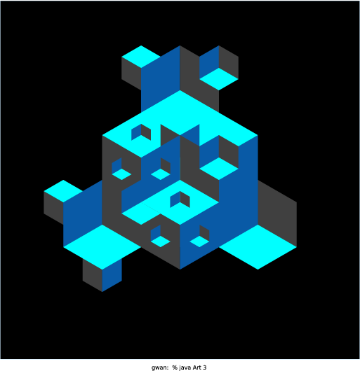 I was inspired by both the Menger Sponge and the AOPS logo. I wanted to create something that looked 3D, so I played with different colorings of hexagons to create the illusion of cubes. After figuring out the method for creating the cubes, I used mutual recursion as well as branches that had a different number of recursive calls per level to extrude and hollow out the corners of each cube. The end result was a cool pattern of differently oriented cubes.
