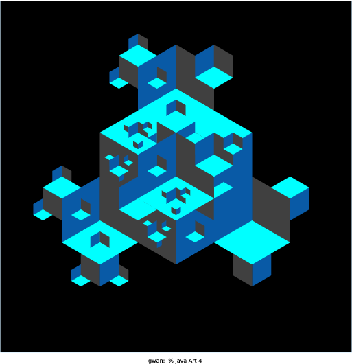 I was inspired by both the Menger Sponge and the AOPS logo. I wanted to create something that looked 3D, so I played with different colorings of hexagons to create the illusion of cubes. After figuring out the method for creating the cubes, I used mutual recursion as well as branches that had a different number of recursive calls per level to extrude and hollow out the corners of each cube. The end result was a cool pattern of differently oriented cubes.