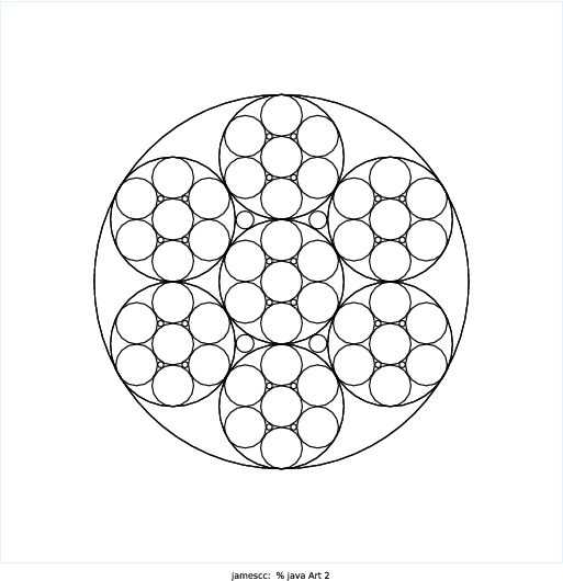 For inspiration, I looked up circle fractal patterns on Google and came across this one: http://qipeace.com/images/CirclesFractalGravity.png. I tried to emulate it to the best of my ability at first, but near the end I decided to slightly revise it since I wasn't able to figure out certain patterns. My design is basically a circle frame, with smaller circles arranged in a circular pattern within the original outline, and the program recursively draws the same circle arrangement within each circle.