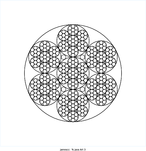 For inspiration, I looked up circle fractal patterns on Google and came across this one: http://qipeace.com/images/CirclesFractalGravity.png. I tried to emulate it to the best of my ability at first, but near the end I decided to slightly revise it since I wasn't able to figure out certain patterns. My design is basically a circle frame, with smaller circles arranged in a circular pattern within the original outline, and the program recursively draws the same circle arrangement within each circle.