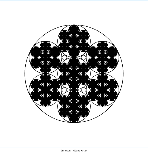 For inspiration, I looked up circle fractal patterns on Google and came across this one: http://qipeace.com/images/CirclesFractalGravity.png. I tried to emulate it to the best of my ability at first, but near the end I decided to slightly revise it since I wasn't able to figure out certain patterns. My design is basically a circle frame, with smaller circles arranged in a circular pattern within the original outline, and the program recursively draws the same circle arrangement within each circle.