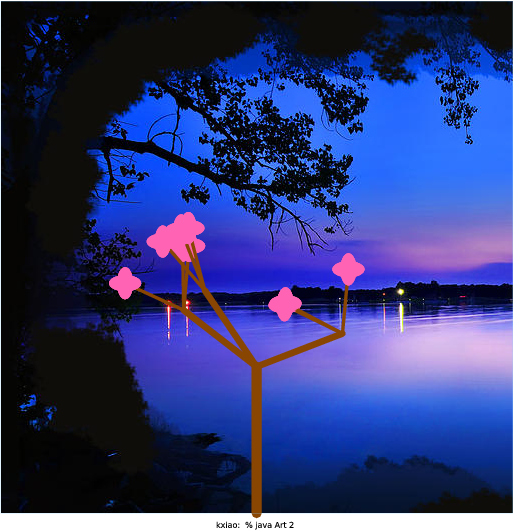 Like Xiao Yang Yu and Samantha Ip (best of Spring 2015), I chose to make a program that would display a cherry blossom tree. I liked Xiao's idea more as it relied on randomness to generate a more organic picture. Rather than making a geometric shape that would be copied time after time, I chose to use a random number to determine the location of the next branch. Even though it's not a fractal, I think it's beautiful (especially when N is very large). All of the individual pink dots make the tree look very poised and elegant. Like Xiao, I chose to also scale the flowers and branches to help make the image look more organic. In essence, this is a reproduction of Xiao's program with a few minor repairs. I attempted to correct some of the issues that seemed to come up in his images. I made the flowers more flower shaped and increased the angle range for the branches.