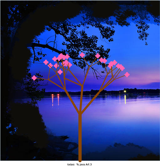 Like Xiao Yang Yu and Samantha Ip (best of Spring 2015), I chose to make a program that would display a cherry blossom tree. I liked Xiao's idea more as it relied on randomness to generate a more organic picture. Rather than making a geometric shape that would be copied time after time, I chose to use a random number to determine the location of the next branch. Even though it's not a fractal, I think it's beautiful (especially when N is very large). All of the individual pink dots make the tree look very poised and elegant. Like Xiao, I chose to also scale the flowers and branches to help make the image look more organic. In essence, this is a reproduction of Xiao's program with a few minor repairs. I attempted to correct some of the issues that seemed to come up in his images. I made the flowers more flower shaped and increased the angle range for the branches.