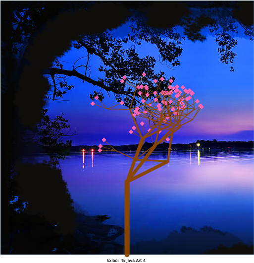 Like Xiao Yang Yu and Samantha Ip (best of Spring 2015), I chose to make a program that would display a cherry blossom tree. I liked Xiao's idea more as it relied on randomness to generate a more organic picture. Rather than making a geometric shape that would be copied time after time, I chose to use a random number to determine the location of the next branch. Even though it's not a fractal, I think it's beautiful (especially when N is very large). All of the individual pink dots make the tree look very poised and elegant. Like Xiao, I chose to also scale the flowers and branches to help make the image look more organic. In essence, this is a reproduction of Xiao's program with a few minor repairs. I attempted to correct some of the issues that seemed to come up in his images. I made the flowers more flower shaped and increased the angle range for the branches.