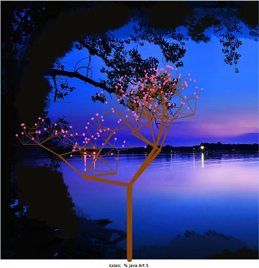 Like Xiao Yang Yu and Samantha Ip (best of Spring 2015), I chose to make a program that would display a cherry blossom tree. I liked Xiao's idea more as it relied on randomness to generate a more organic picture. Rather than making a geometric shape that would be copied time after time, I chose to use a random number to determine the location of the next branch. Even though it's not a fractal, I think it's beautiful (especially when N is very large). All of the individual pink dots make the tree look very poised and elegant. Like Xiao, I chose to also scale the flowers and branches to help make the image look more organic. In essence, this is a reproduction of Xiao's program with a few minor repairs. I attempted to correct some of the issues that seemed to come up in his images. I made the flowers more flower shaped and increased the angle range for the branches.