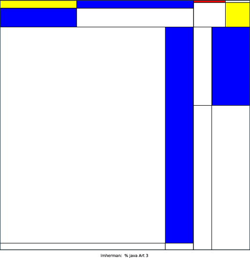 My program models de Stijl artist Piet Mondrian’s famous artworks. I used a recursive program that selects a random point at which to fracture the previous, larger rectangle into 4 smaller rectangles. I used another random function to fill in the rectangles with Mondrian’s famous color palette: bright red, yellow, and blue (while keeping white as the most likely option). Overall, I enjoyed the opportunity to mix abstract art with computer science.