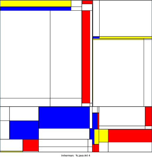 My program models de Stijl artist Piet Mondrian’s famous artworks. I used a recursive program that selects a random point at which to fracture the previous, larger rectangle into 4 smaller rectangles. I used another random function to fill in the rectangles with Mondrian’s famous color palette: bright red, yellow, and blue (while keeping white as the most likely option). Overall, I enjoyed the opportunity to mix abstract art with computer science.