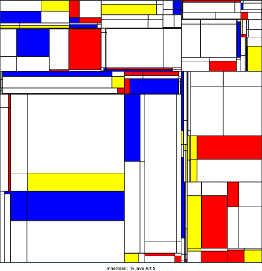 My program models de Stijl artist Piet Mondrian’s famous artworks. I used a recursive program that selects a random point at which to fracture the previous, larger rectangle into 4 smaller rectangles. I used another random function to fill in the rectangles with Mondrian’s famous color palette: bright red, yellow, and blue (while keeping white as the most likely option). Overall, I enjoyed the opportunity to mix abstract art with computer science.