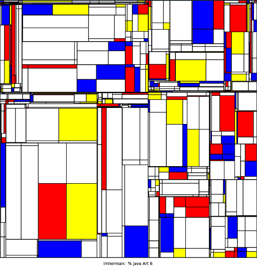 My program models de Stijl artist Piet Mondrian’s famous artworks. I used a recursive program that selects a random point at which to fracture the previous, larger rectangle into 4 smaller rectangles. I used another random function to fill in the rectangles with Mondrian’s famous color palette: bright red, yellow, and blue (while keeping white as the most likely option). Overall, I enjoyed the opportunity to mix abstract art with computer science.