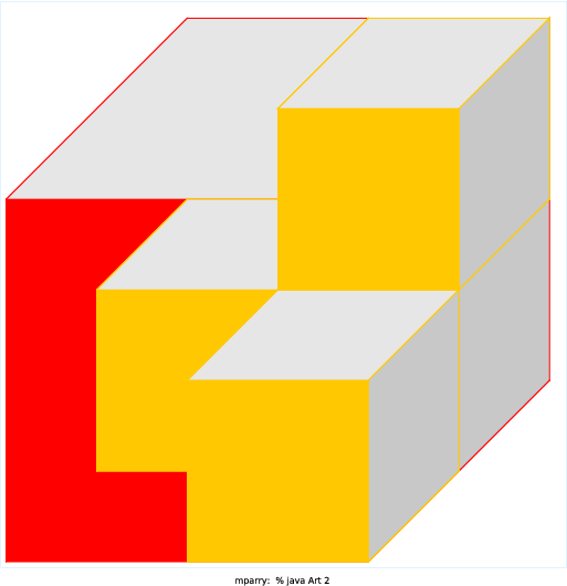 My graphic recursively divides each cube into eight equal segments, and draws three of the cubes each time. The recursion also only occurs in the cubes that are re-drawn. The program utilizes colors so that each step may be viewed, and also gives the graphic a 3D effect.