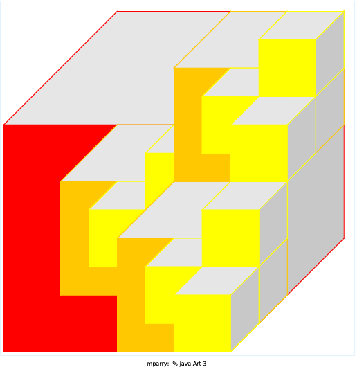 My graphic recursively divides each cube into eight equal segments, and draws three of the cubes each time. The recursion also only occurs in the cubes that are re-drawn. The program utilizes colors so that each step may be viewed, and also gives the graphic a 3D effect.