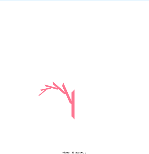 To make my artistic creation, I googled recursive drawings and found the following picture (http://1.bp.blogspot.com/-ooclWVdN3IQ/T67l6iMquuI/AAAAAAAAS6w/k9VwvHc1uPY/s1600/Screen+Shot+2012-05-12+at+2012-05-12+4.19.11+.png). I thought it was pretty, so I tried to recreate it. From looking at it, this particular image had two types of recursion happening: one was creating the curves themselves, which appear to extend for a while, and the other was the curves being built upon one another. I attempted drawing this in several different ways, but the way that I was eventually able to achieve something similar was to decide how many branches each individual curve had (I chose 6 because it looks nice and still runs relatively quickly) and then have the command-line argument control how many layers of curves there were. The result is a tree made of layers of branched-curves. Each new layer is drawn at all of the tips of the branches of the previous curve except for the first branch. In other words, each new layer has five new curves: one for all of the branches in the previous curve except one. The angle of inclination also changes with the order n (not by much, but by enough to make a difference). I also wanted to make the creation colorful, so I introduced a random color component. I liked the look of the colors, but I also liked the look of the plain black and white, so I wrote the program so that it would have a 50/50 chance of black and white and color.