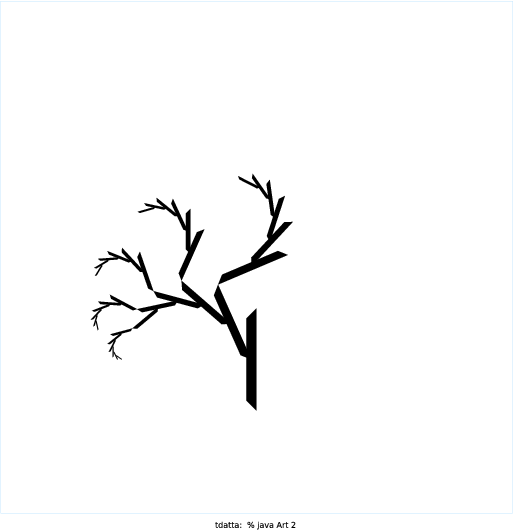 To make my artistic creation, I googled recursive drawings and found the following picture (http://1.bp.blogspot.com/-ooclWVdN3IQ/T67l6iMquuI/AAAAAAAAS6w/k9VwvHc1uPY/s1600/Screen+Shot+2012-05-12+at+2012-05-12+4.19.11+.png). I thought it was pretty, so I tried to recreate it. From looking at it, this particular image had two types of recursion happening: one was creating the curves themselves, which appear to extend for a while, and the other was the curves being built upon one another. I attempted drawing this in several different ways, but the way that I was eventually able to achieve something similar was to decide how many branches each individual curve had (I chose 6 because it looks nice and still runs relatively quickly) and then have the command-line argument control how many layers of curves there were. The result is a tree made of layers of branched-curves. Each new layer is drawn at all of the tips of the branches of the previous curve except for the first branch. In other words, each new layer has five new curves: one for all of the branches in the previous curve except one. The angle of inclination also changes with the order n (not by much, but by enough to make a difference). I also wanted to make the creation colorful, so I introduced a random color component. I liked the look of the colors, but I also liked the look of the plain black and white, so I wrote the program so that it would have a 50/50 chance of black and white and color.