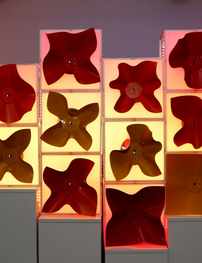 Robotic flowers on a wall