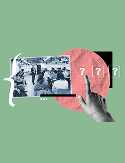 A hand points at a photo depicting a diverse group of people smiling together. Other elements in the image include a curly bracket used in computer code, a large reddish circle with graph paper texture, and three question marks in boxes.