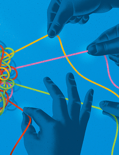 At right, four hands each grasp a different color of yarn (yellow, pink, green and red), pulling them from a jumbled ball at right. Image is against a blue background.