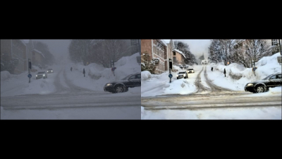 a street scene in heavy snow where the road is difficult to see (left), and a clearer picture of the same scene (right)