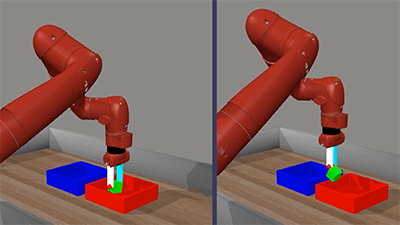 Robots moving green blocks into a blue box
