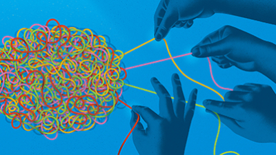 At right, four hands each grasp a different color of yarn (yellow, pink, green and red), pulling them from a jumbled ball at right. Image is against a blue background.