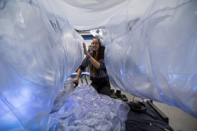 A project called \"Mother Womb,\" a portable tent that envelops the user with calming visual, auditory and tactile sensations.