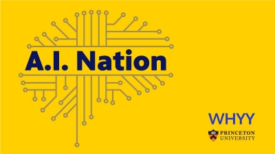 A.I. Nation graphic.  A silhouette of a brain made out of circuits on top of a yellow background. 
