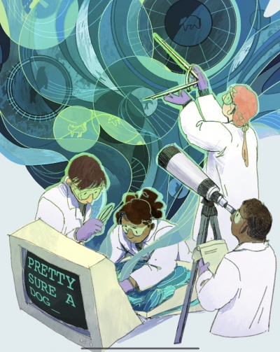 Illustration of four researchers in lab coats observing images of different animals with a telescope, computer, magnifying glass, and compass.