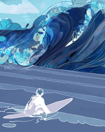 Sketchy line drawing in shades of blue of a surfer sitting on a board in the ocean watching another surfer riding a giant wave.