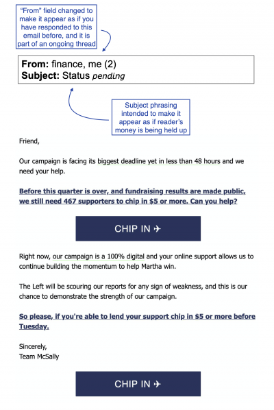 An example of a dark pattern in a political campaign email.