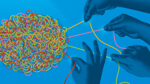 At right, four hands each grasp a different color of yarn (yellow, pink, green and red), pulling them from a jumbled ball at right. Image is against a blue background.