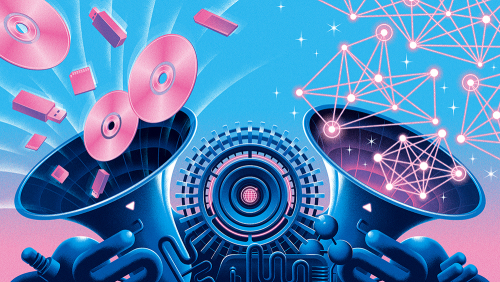 Machine with CDs going in one side and electronic clouds going out the other side