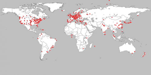 Map of the world with PlanetLab nodes marked in red