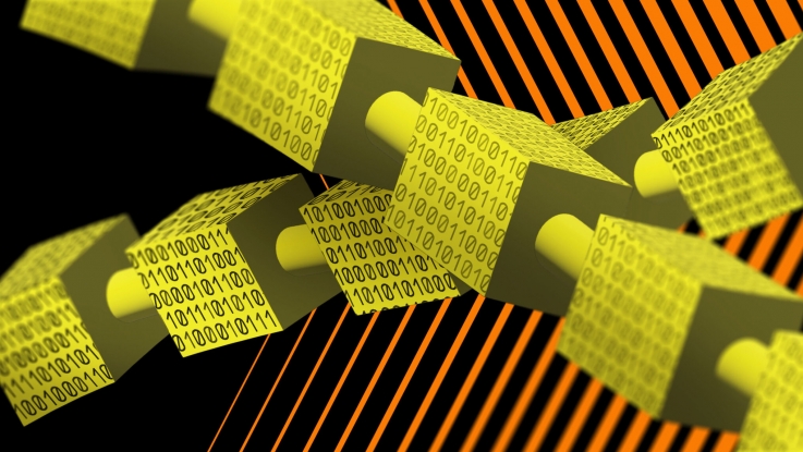 Artist interpretation of a chain of yellow blocks with binary written on the surface.